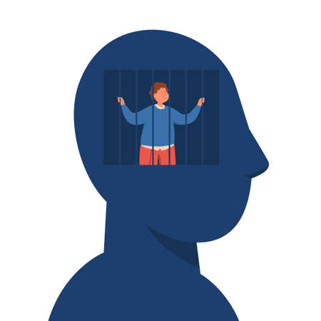 Enslaved business man with lack of creative freedom of thought. Powerless person in mind or brain prison flat vector illustration. Slavery, depression, censorship.のイラスト素材