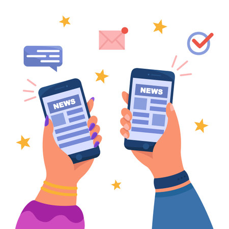 Hands holding mobile phones with news or newsletters. Online newspaper application, social media blog flat vector illustration. Journalism, communication concept for website design, landing web pageのイラスト素材