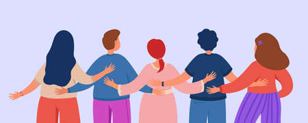 Backs of friends or team of colleagues hugging. Crowd of cartoon characters from behind flat vector illustration. Communication, community, diversity concept for banner, website design or landing pageのイラスト素材