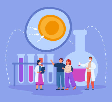 Infertile married couple consulting doctors at clinic. Medical professionals working in infertility treatment flat vector illustration. Fertility or infertility, pregnancy concept for bannerのイラスト素材