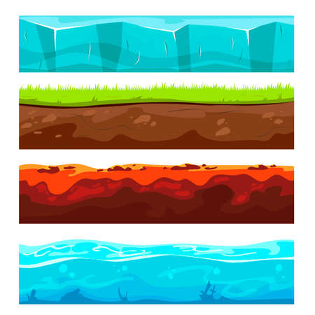 Landscape ground layers set. Cartoon vector illustrations of dirt soil sections with underground stones and surface of grass field or meadow, ice platform and water levels. Archeology, geology conceptのイラスト素材