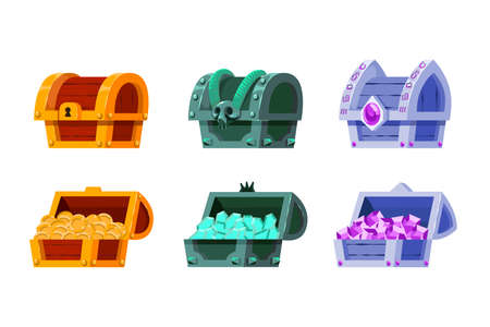 Closed and open treasure chests vector illustration set. Colorful trunks with coins and gems, pirate trophies isolated on white background. Wealth, money concept for game, app or UI element designのイラスト素材