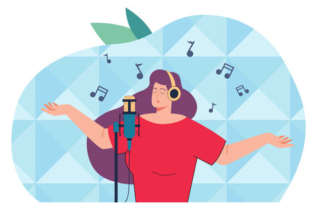 Woman in headphones singing recording in studio. Flat vector illustration of girl singer in earphones using microphone. Audio, voice recording, music concept. Web page landing.のイラスト素材