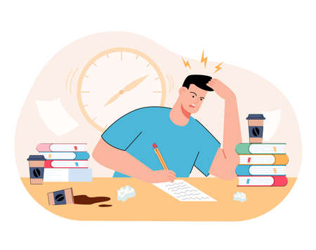 Stressed millennial guy studying before college exams. Distressed student meeting deadline doing assignment preparing for test at home with books. Flat vector illustration.のイラスト素材