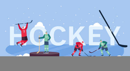 Flat vector illustration of men playing ice hockey. Players in sports outfits on ice field. Hockey symbol on background. Web landing page. Team winter sport concept.のイラスト素材