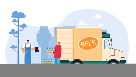 Smiling courier man holding wooden crate of beer and kegs. Branded delivery truck with advertising design. Brewery company delivering beer. Flat vector illustration isolated on white background.のイラスト素材