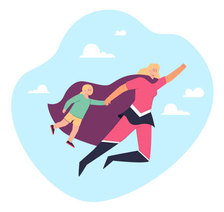 Happy mother in superhero costume flying with daughter in sky. Young woman with cape and girl going shopping flat vector illustration. Family, motherhood concept for website design or landing web pageのイラスト素材