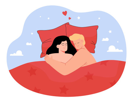 Intimate couple lying in bed together after sexual activity. Cartoon man hugging woman after sex flat vector illustration. Intimacy, relationship, love, romance concept for banner or website designのイラスト素材