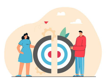 Cartoon people connecting two pieces of target puzzle. Man and woman completing career challenge together flat vector illustration. Teamwork, communication concept for banner or landing web pageのイラスト素材