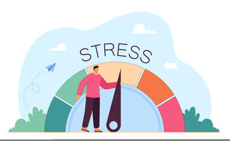 Tired business person reducing level of stress. Cartoon character pulling arrow, measure of stress at work flat vector illustration. Stress, crisis, pressure concept for banner or landing web pageのイラスト素材