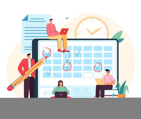 Students or employees adding events or deadlines to calendar app. Young people using time organizer or planner flat vector illustration. Communication, planning schedule, agenda concept for bannerのイラスト素材