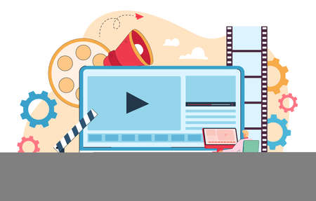 Male cartoon character publishing multimedia content in studio. Business person working on visual effects in media editor flat vector illustration. Video production concept for banner, website designのイラスト素材