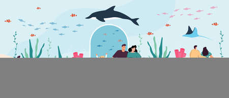 Cartoon families walking around underwater zoo. Ocean aquarium with sea creatures flat vector illustration. Family activity, sea animals, fauna concept for banner, website design or landing web pageのイラスト素材