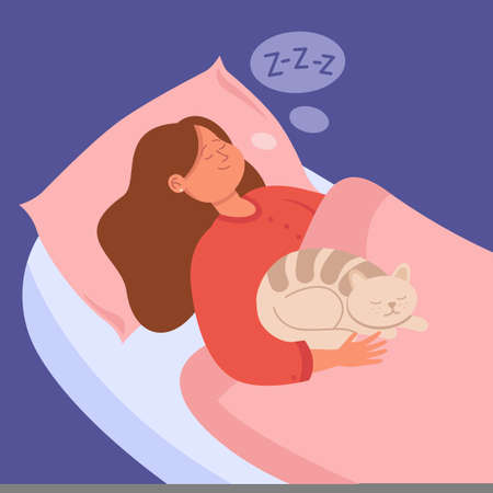 Woman sleeping with cat in comfortable bed. Sweet dream of girl and pet at night, cute young person lying on pillow under blanket flat vector illustration. Lazy time with domestic animal conceptのイラスト素材