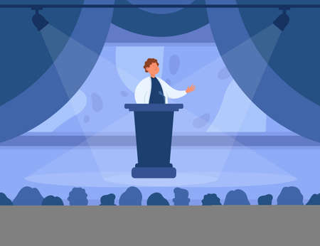 Doctor speaking from podium on stage at conference. Male scientist announcing innovations in science and medicine in front of audience flat vector illustration. Medical seminar, meeting conceptのイラスト素材
