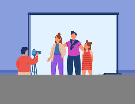 Parents and kid standing together for family photoshoot. Photographer with photo camera on tripod photographing mother, father and daughter in studio flat vector illustration. Photo session conceptのイラスト素材