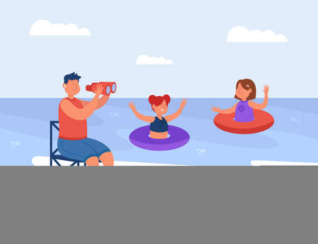 Beach lifeguard watching swimming children in water. Male guard sitting on lifeguard tower, rescuer looking through binoculars for safe rest of people flat vector illustration. Beach safety conceptのイラスト素材