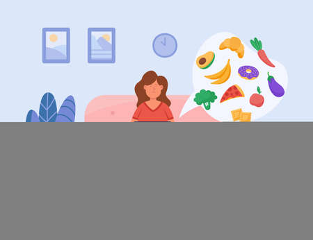 Girl ordering food via mobile app. Woman using laptop at home, buying fruits, vegetables and desserts in supermarket or grocery store flat vector illustration. Delivery service, online order conceptのイラスト素材