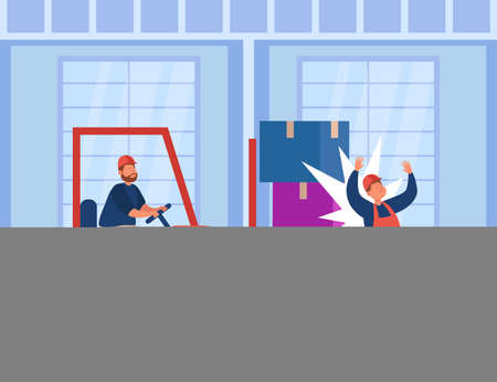 Factory accident with worker in warehouse. Injured male employee from forklift controlled by driver flat vector illustration. Risk of injury, insurance, compensation for damage to health conceptのイラスト素材