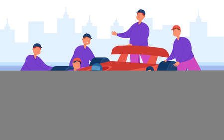 Racing car on pit stop with service team of people. Male engineers and technical workers in uniform changing wheels, tires flat vector illustration. Auto maintenance, repair service on race conceptのイラスト素材