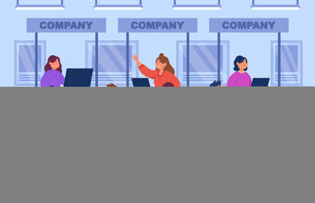 Expo workers and visitors on exhibition in business center. Team of businessmen visiting presentation show of products or fair flat vector illustration. Business marketing, tradeshow event conceptのイラスト素材