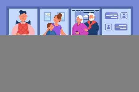 Family people chatting and meeting in online video call. Virtual conference of parents, grandparents and children via video app for computer, phone or laptop. Communication technology conceptのイラスト素材