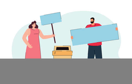 People holding placards supporting recycling. Volunteers with mockup banners protesting for garbage sorting. Environment protection, ecology problem concept. Flat vector illustration.のイラスト素材