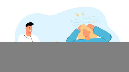 Doctor giving pill to unhealthy woman having headache. Medical specialist or pharmacist offering medicine to unwell female patient with migraine. Flat vector illustration.のイラスト素材