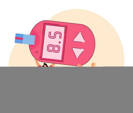 Tiny people holding glucometer measuring insulin. Diabetes testing with blood glucose monitor. Diabetic patient high sugar level. Flat vector illustration. Medical first aid, healthcare concept.のイラスト素材