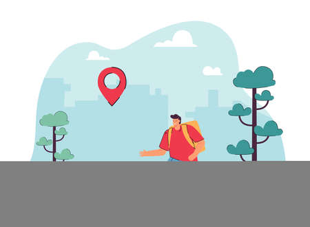 Man traveler walking in forest with online GPS tracking. Male backpacker tourist traveling hiking in mountains using internet navigation app moving on pin. Cartoon flat vector illustration.のイラスト素材