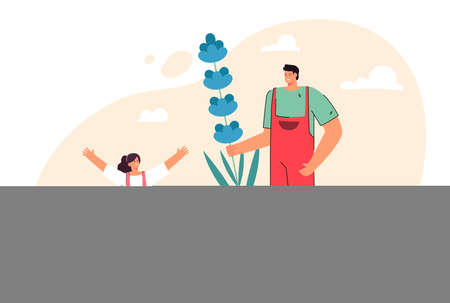 Smiling guy greeting girl giving flower. Happy man making surprise congratulating woman with bouquet on birthday or Valentines day. Love, relationships concept. Flat vector illustration.のイラスト素材