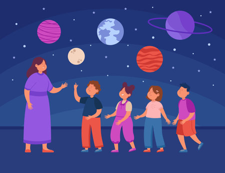 Kids studying astronomy at planetarium. School children, teacher looking on planets of solar system on excursion to observatory flat vector illustration. Interactive entertainment, education conceptのイラスト素材