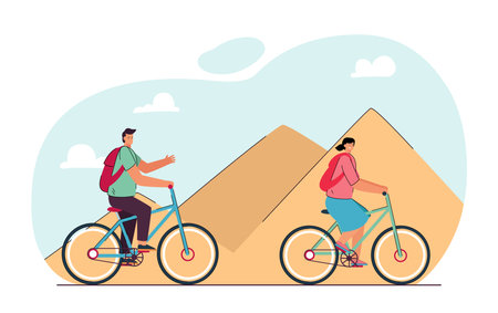 Cartoon tourist couple riding bicycles through desert. Man and woman in front of pyramids in Egypt flat vector illustration. Traveling, tourism, transportation concept for banner or landing web pageのイラスト素材