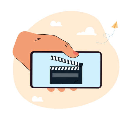Human hand holding huge smartphone with clapper on screen. Film making application flat vector illustration. Creating or editing video content concept for banner, website design or landing web pageのイラスト素材