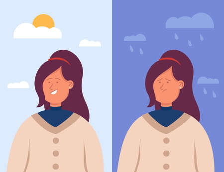 Split portrait of Hispanic woman in depression and in good mood. Bipolar disorder, happy smiling and sad face flat vector illustration. Mood and weather changes conceptのイラスト素材