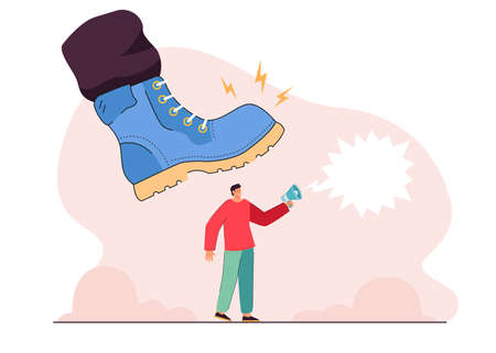 Business person under big military shoe of soldier. Tiny man with megaphone trampled by giant army boots flat vector illustration. Authority, authoritarian unfair pressure, freedom of speech conceptのイラスト素材