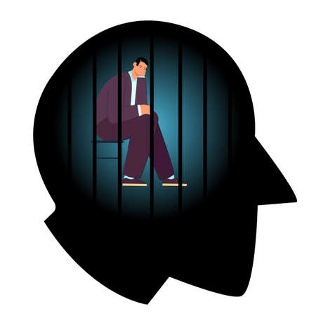 Powerless man with depression in prison of mind. Male character sitting behind narrow prison bars inside abstract human head flat vector illustration. Struggle for freedom of thought, slavery conceptのイラスト素材