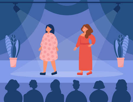 Female models walking on catwalk or stage on fashion show. Audience crowd watching indoor event flat vector illustration. Fashion, entertainment, indoor activity conceptのイラスト素材