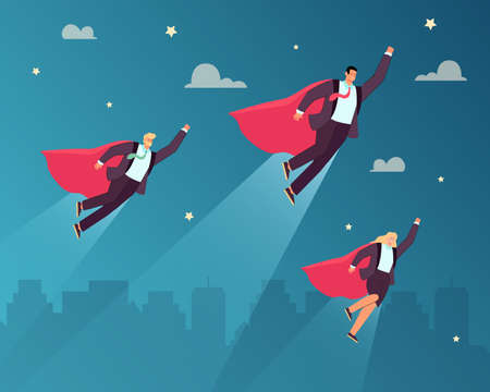 Team of business superheroes flying into sky. Powerful of female and male super heroes with red capes and suits in action flat vector illustration. Professional businessman, strong leader conceptのイラスト素材
