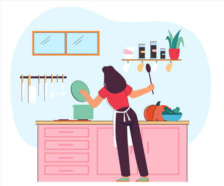 Woman standing near stove in kitchen holding spoon. Housewife cooking eating flat vector illustration. Food cooking, family lifestyle, life routine, household conceptのイラスト素材