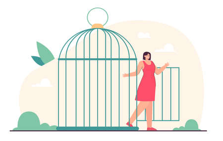 Young beautiful woman coming out of open birdcages door. Depressed person leaving jail in form of cage flat vector illustration. Freedom, violence, mental health, new opportunities conceptのイラスト素材