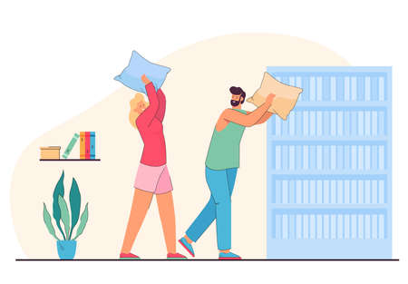 Male and female characters holding pillows, playing together and having fun. Childish adults having pillow fight flat vector illustration. Free time, sleepover, pajama party conceptのイラスト素材