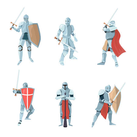 Chivalry cartoon vector illustration set. Knights or medieval fighters, soldiers in different poses during battle or fight. Man characters in armor with shields. History, armor, duel conceptのイラスト素材