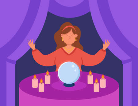 Mystery fortune seer with crystal ball and candles on table. Cartoon female fortuneteller or wizard predicting future flat vector illustration. Fate, magic, astrology, fantasy concept for bannerのイラスト素材
