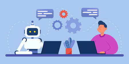 Man and robot with computers sitting together in workplace. Artificial intelligence workforce of...