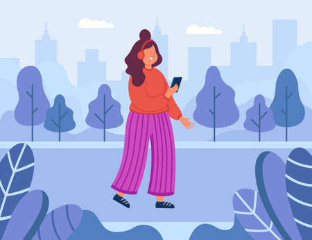 Female cartoon hipster walking in city park wearing headset. Girl with phone listening to music outdoors flat vector illustration. Traveling, leisure, youth, music concept for banner, website designのイラスト素材