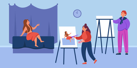 Male and female cartoon artists drawing nude woman in art class. People painting body of naked model behind easels flat vector illustration. Education, art school concept for banner or website designのイラスト素材