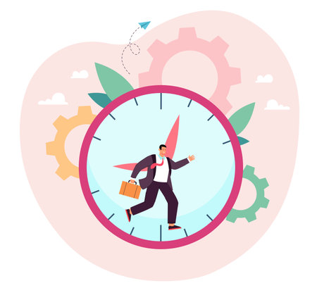 Businessman running inside big clock or chronometer. Business race for money and career of comic male character going to work with briefcase flat vector illustration. Time management, job conceptのイラスト素材