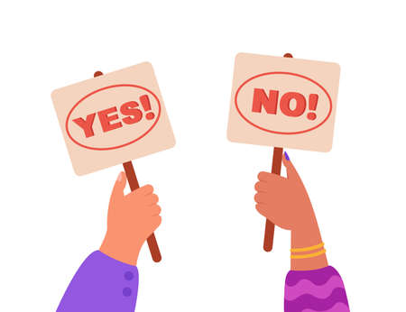 Plates saying Yes and No text in red font in human hands. Conducting check or survey flat vector illustration. Making choice, dilemma, hesitation, test question, correct and wrong answer conceptのイラスト素材