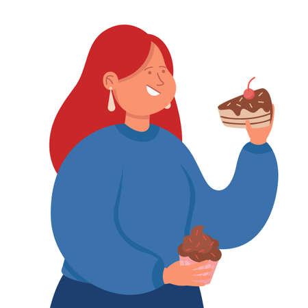 Sweet tooth lady eating chocolate cake and cupcake. Smiling adult female person getting fat keeping...